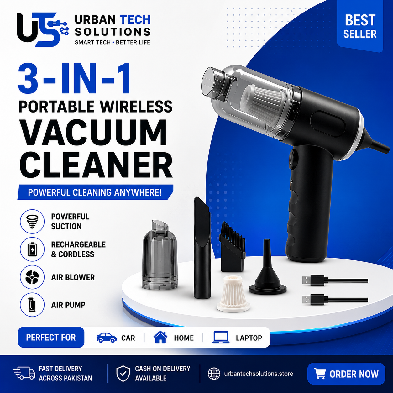 3-in-1 Portable Wireless Vacuum Cleaner for Home, Car & Laptop
